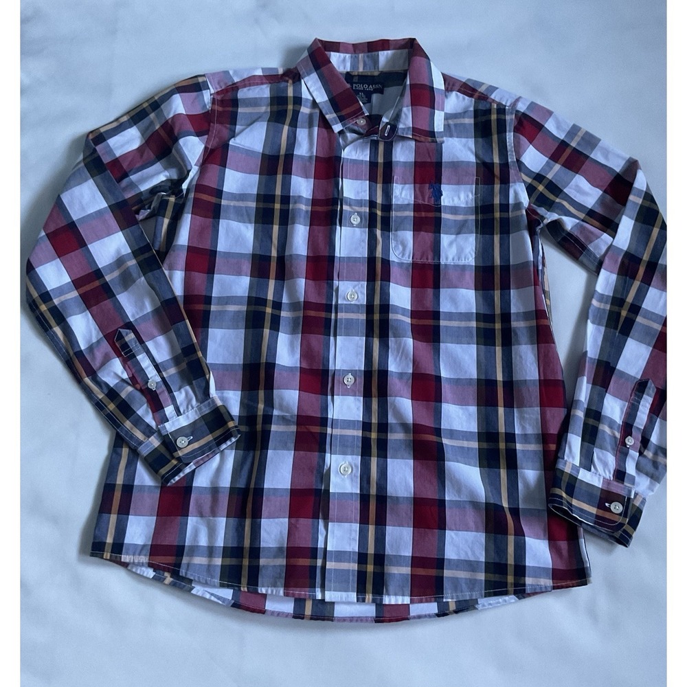 US‎ Polo Assn Kids  XL Shirt Long Sleeve Button-Down Red  Plaid Check Stretch